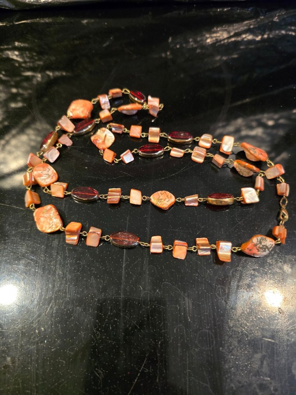 Necklace Multi-stone Sea Shell Mother-of-Pearl Pink Amber 18" Vintage